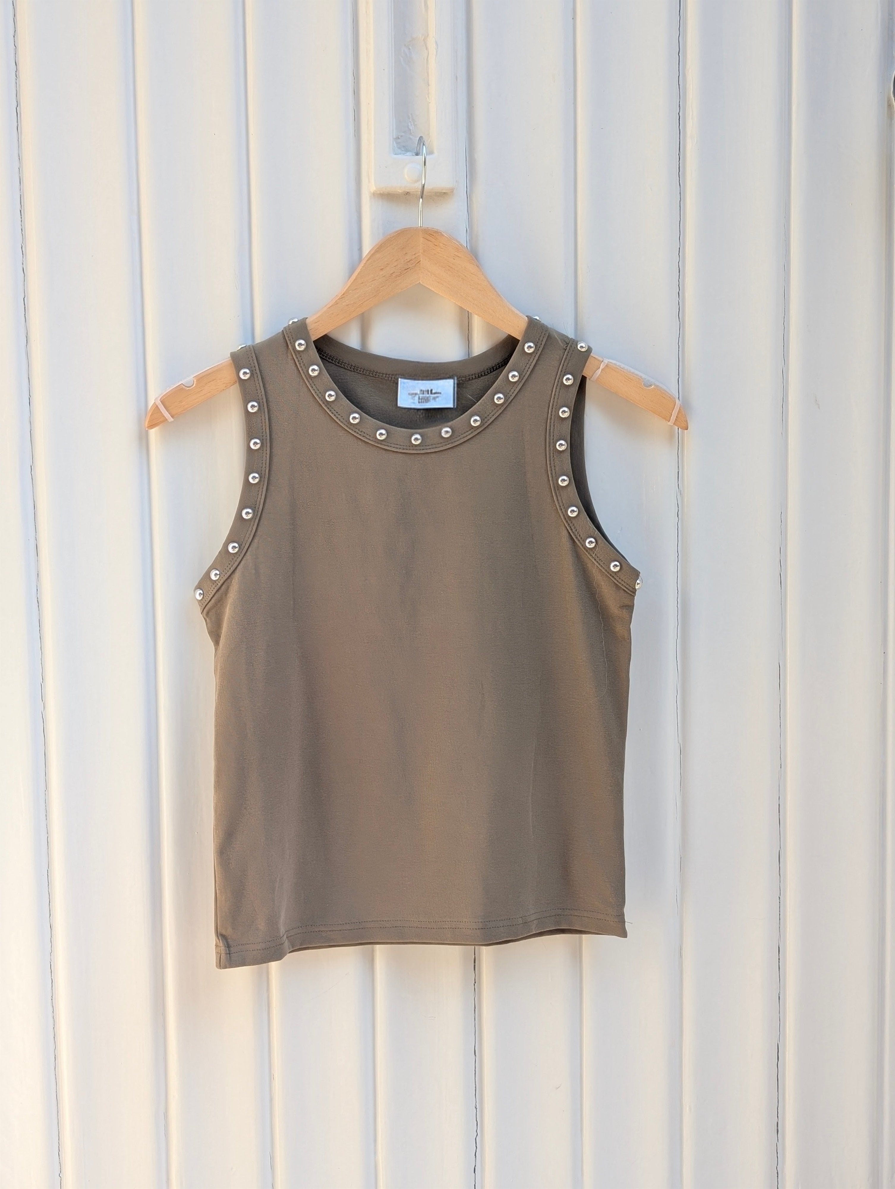 Studded Tank Top - Khaki Green - Kubanna