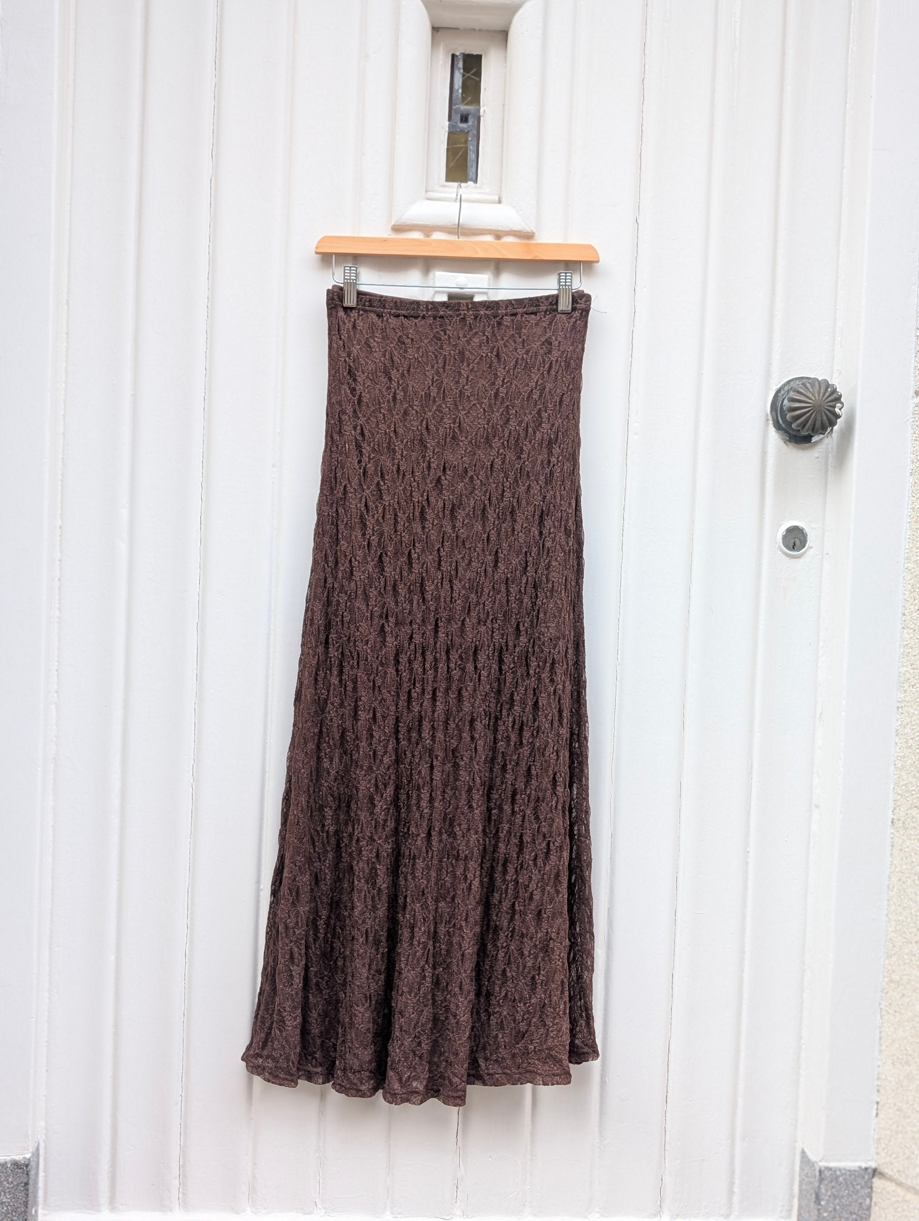 Textured Lace Maxi Skirt - Brown - Kubanna